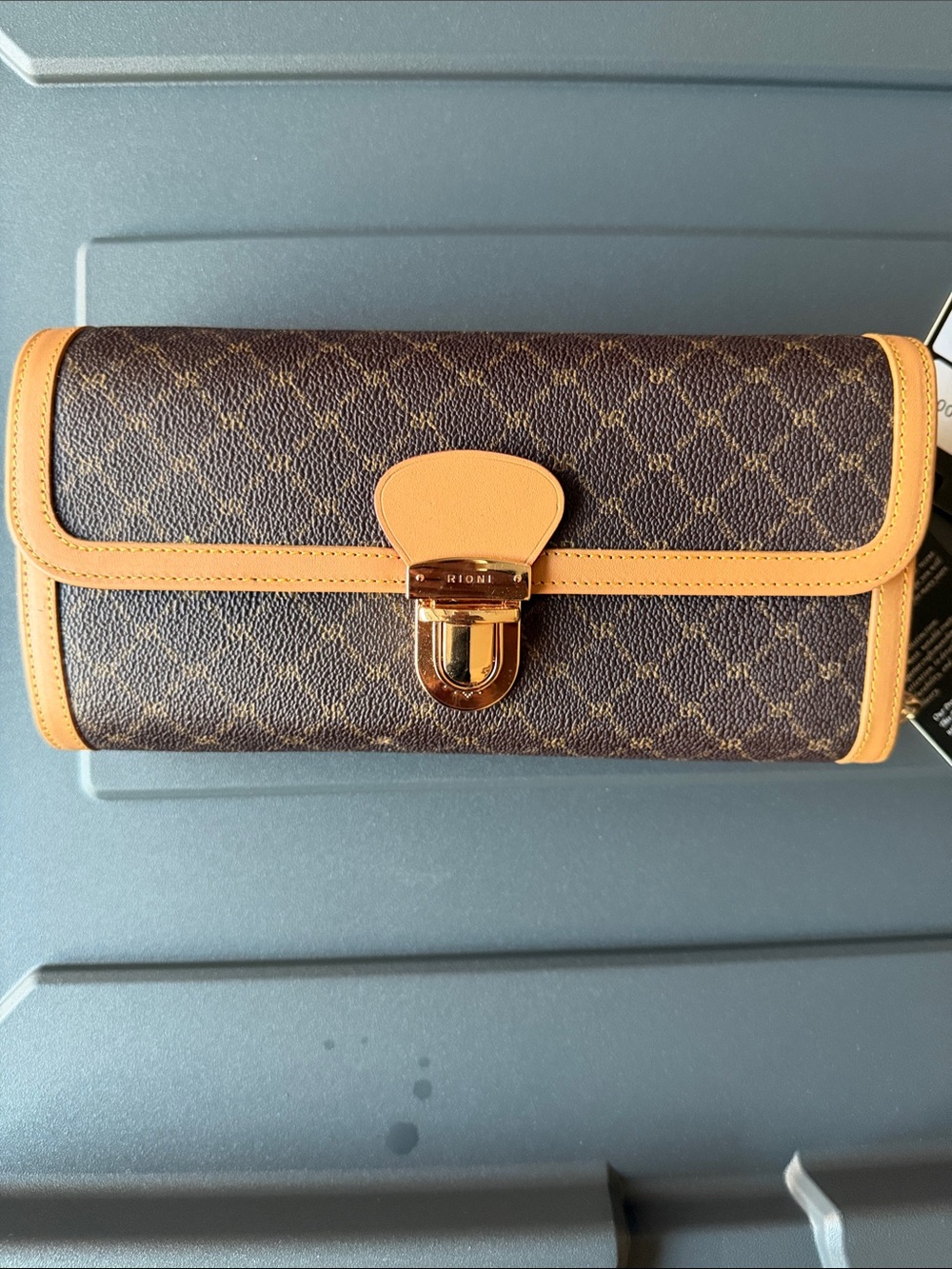 Rioni Classic Brown Monogram Wristlet Clutch with Tan Trim